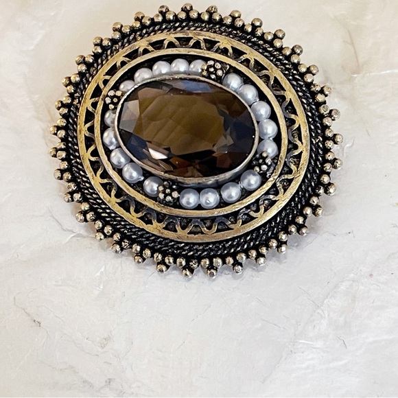 Victorian style faux Pearl smoky quartz oval brooch pendant 925 Sterling - Picture 9 of 11